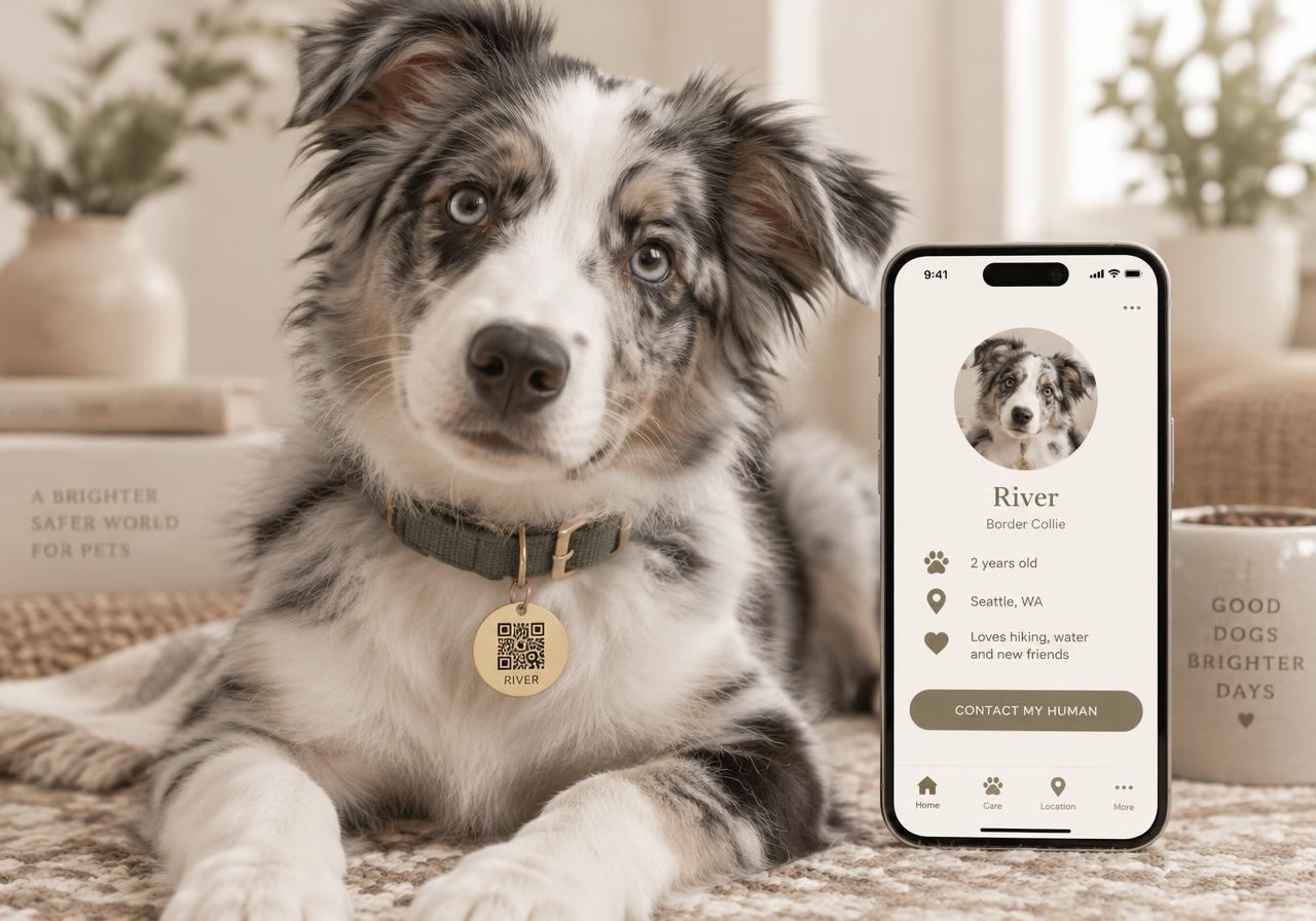 Placa QR Pawsport.QR en el collar de un cachorro junto a un teléfono con su perfil